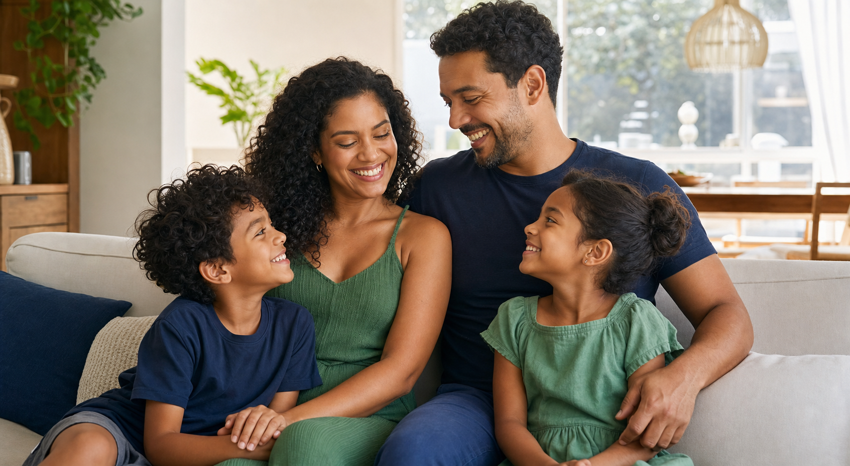 Família sorrindo reunida em casa
